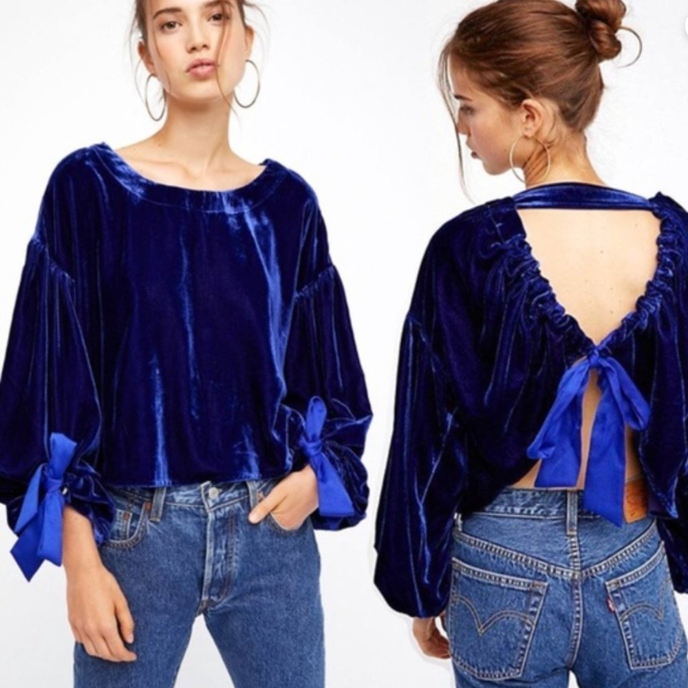 Free People Sz XS Royal Blue Velvet Balletcore Balloon Slv Top w Open Back